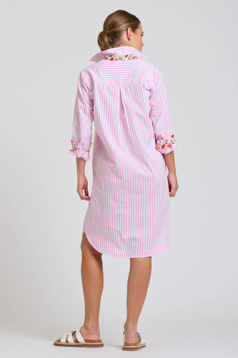 Shirty | The Popover Shirtdress | White with Pink Stripe Floral Trim