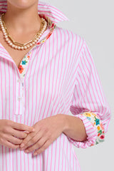 Shirty | The Popover Shirtdress | White with Pink Stripe Floral Trim