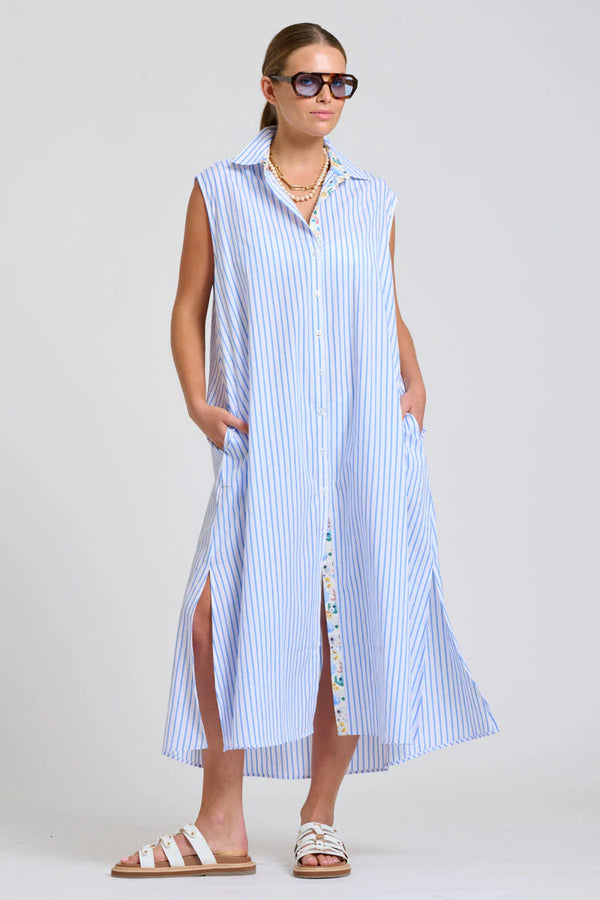 Shirty | Sloane Shirt Dress | White with Blue Stripe Floral Trim