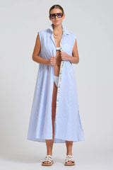 Shirty | Sloane Shirt Dress | White with Blue Stripe Floral Trim