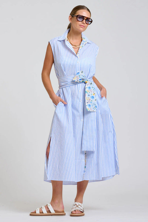 Shirty | Sloane Shirt Dress | White with Blue Stripe Floral Trim