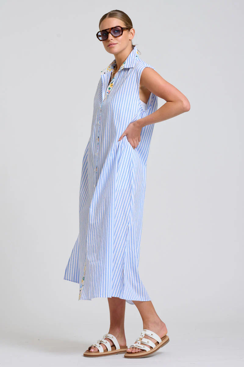 Shirty | Sloane Shirt Dress | White with Blue Stripe Floral Trim