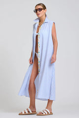 Shirty | Sloane Shirt Dress | White with Blue Stripe Floral Trim
