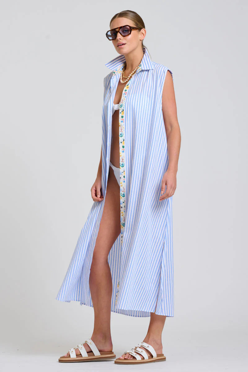 Shirty | Sloane Shirt Dress | White with Blue Stripe Floral Trim