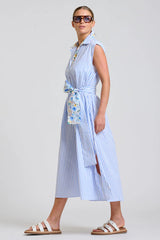 Shirty | Sloane Shirt Dress | White with Blue Stripe Floral Trim