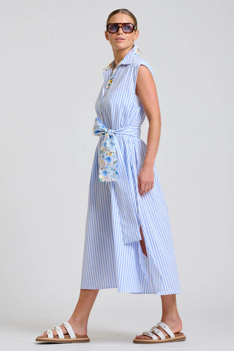 Shirty | Sloane Shirt Dress | White with Blue Stripe Floral Trim