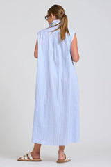 Shirty | Sloane Shirt Dress | White with Blue Stripe Floral Trim