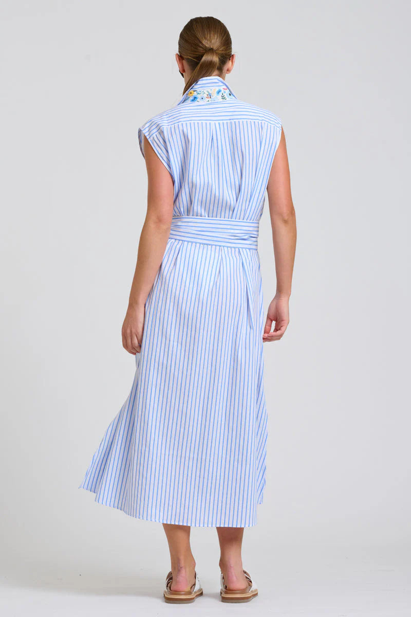 Shirty | Sloane Shirt Dress | White with Blue Stripe Floral Trim