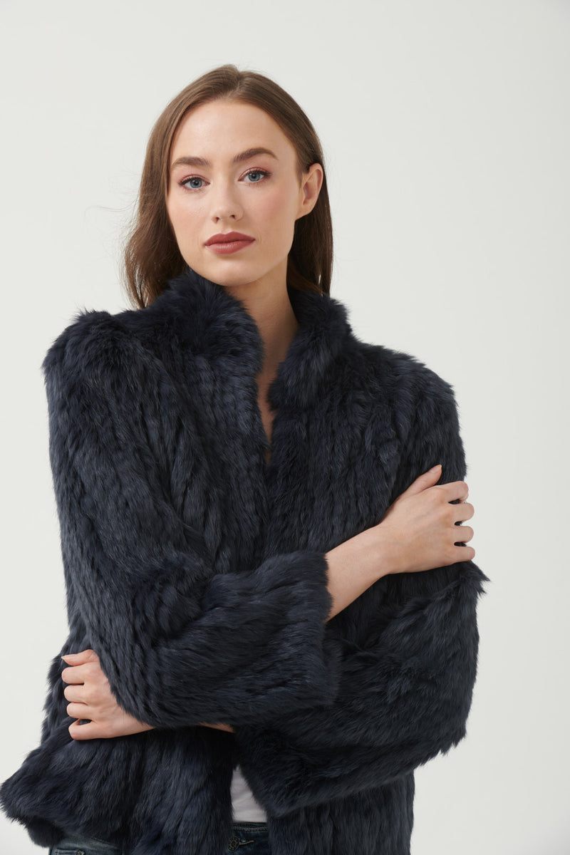 365 Days | High Neck Rabbit Fur Jacket | Midnight