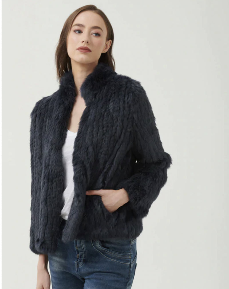 365 Days | High Neck Rabbit Fur Jacket | Midnight